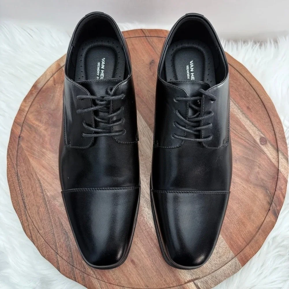 Van Heusen‎ Mens 11W Black Cap Toe Oxford Dress Shoes Wide Width NWOB